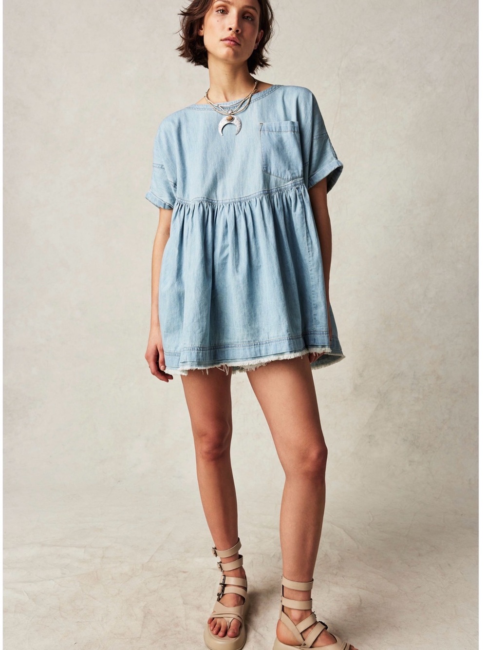 Free people denim moon city top We The Free Light Blue Ruffle-Hem Short Sleeve